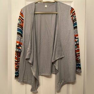 Gray Open Front Cardigan with Multicolor Sleeves